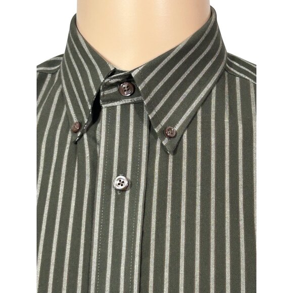 St. John’s Bay Men’s Button Down Shirt M Olive Green & Grey Stripes Long Sleeve - Picture 9 of 10